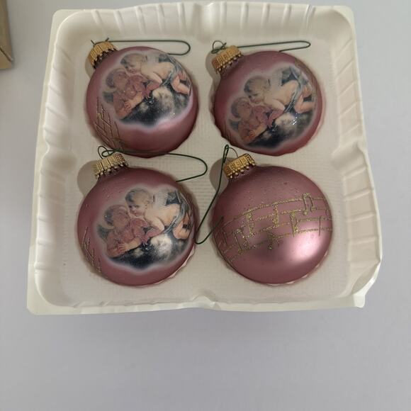 Krebs Glass Christmas Ornaments Glitter Cherub Music Notes Dusty Rose 4-2.5" VTG - Picture 2 of 7